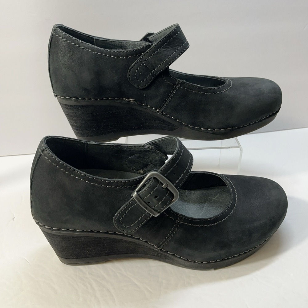 Dansko Sandra Mary Jane Shoes Black Nubuck Leather Wedge Pump Womens 37 US 6.5-7 - Picture 4 of 13